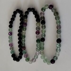 Fluorite & Black Lava Stone Bracelets, Handcrafted